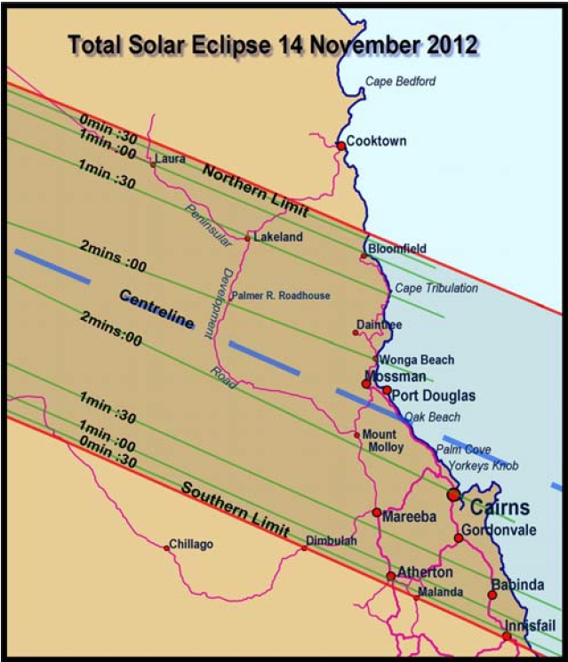Total solar Eclipse 14 November 2012 - Path over North Queensland
